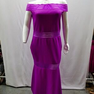 Elegant Off Shoulder Purple Evening Gown W/Clear Mesh Openings
